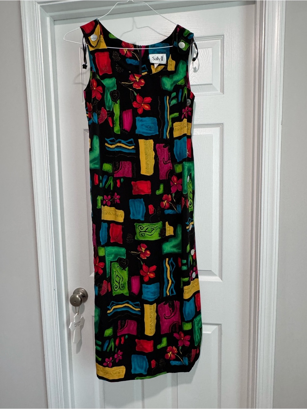 Vintage Black Maxi Dress with Multicolor Abstract Print